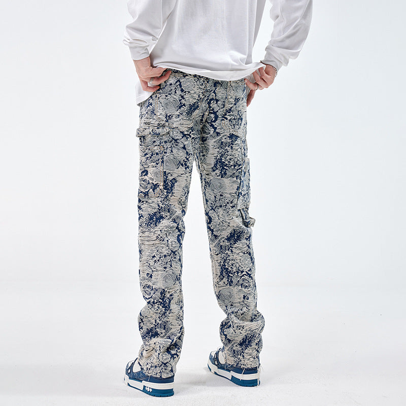*** Design sense niche jeans men fashion brands jacquard loose hole straight autumn and winter high-end jacquard pants
