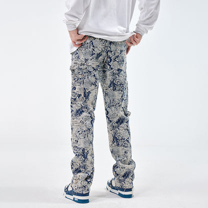 *** Design sense niche jeans men fashion brands jacquard loose hole straight autumn and winter high-end jacquard pants