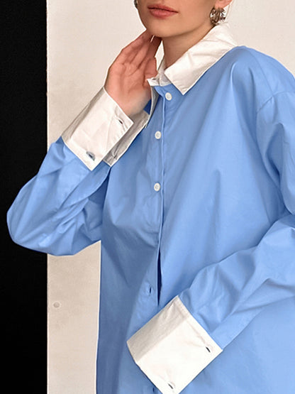 Blue and White Women's Shirt Fall New French Collar Cotton Long Sleeve |blouses,tops