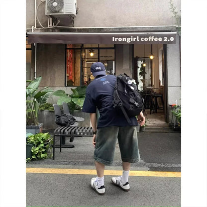 American retro Street washed Denim shorts men and women loose casual straight-leg wide leg fashion brand all-matching capri pants
