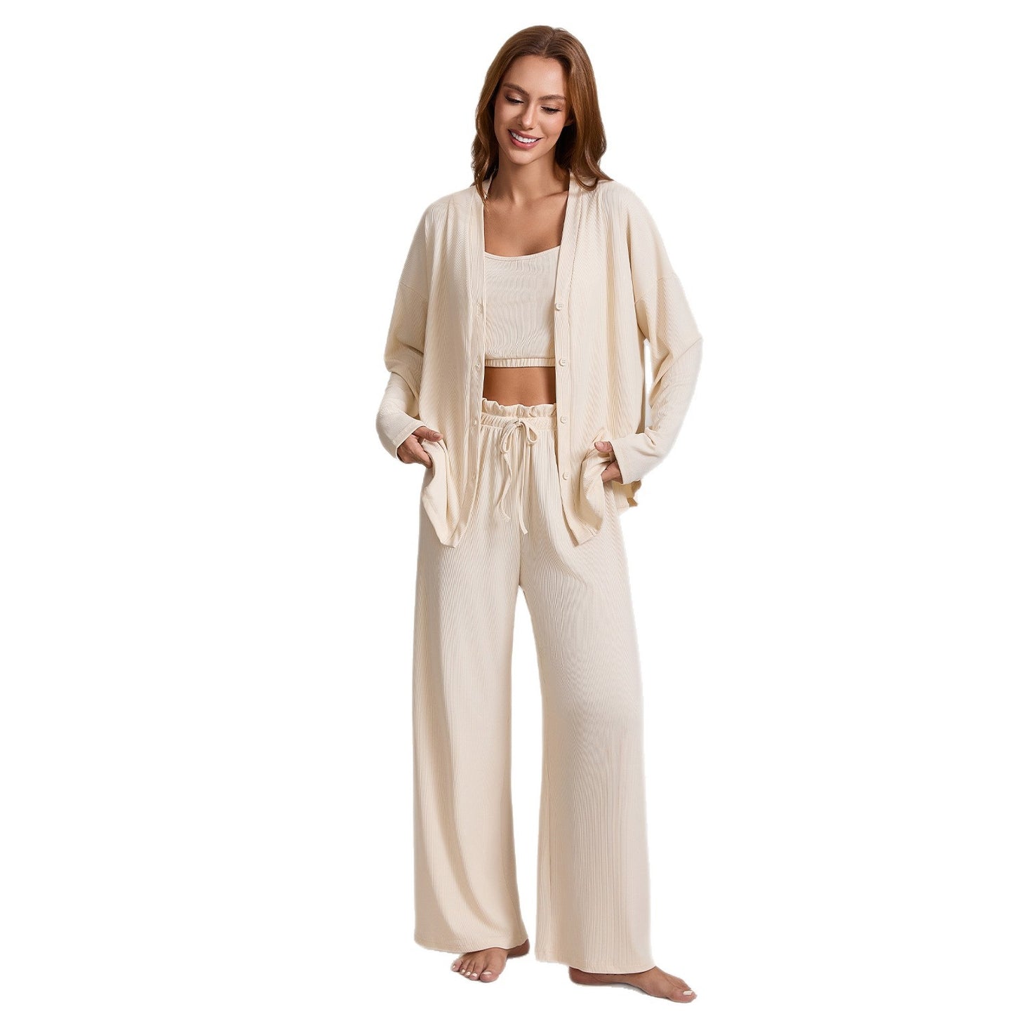 Autumn new spring and autumn women's pajamas cross-border foreign trade sling coat & trousers three-piece set plus size homewear