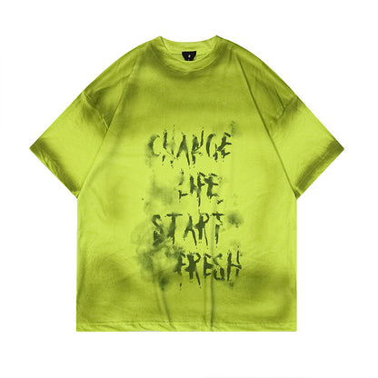 OVDY American Street Short Sleeve T-Shirt Cotton Gradient Spray Print Couple Letters