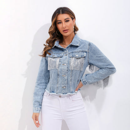 S177# plus size Denim coat women's jacket new products in stock AliExpress Amazon I tassel patchwork denim jacket Denim coat