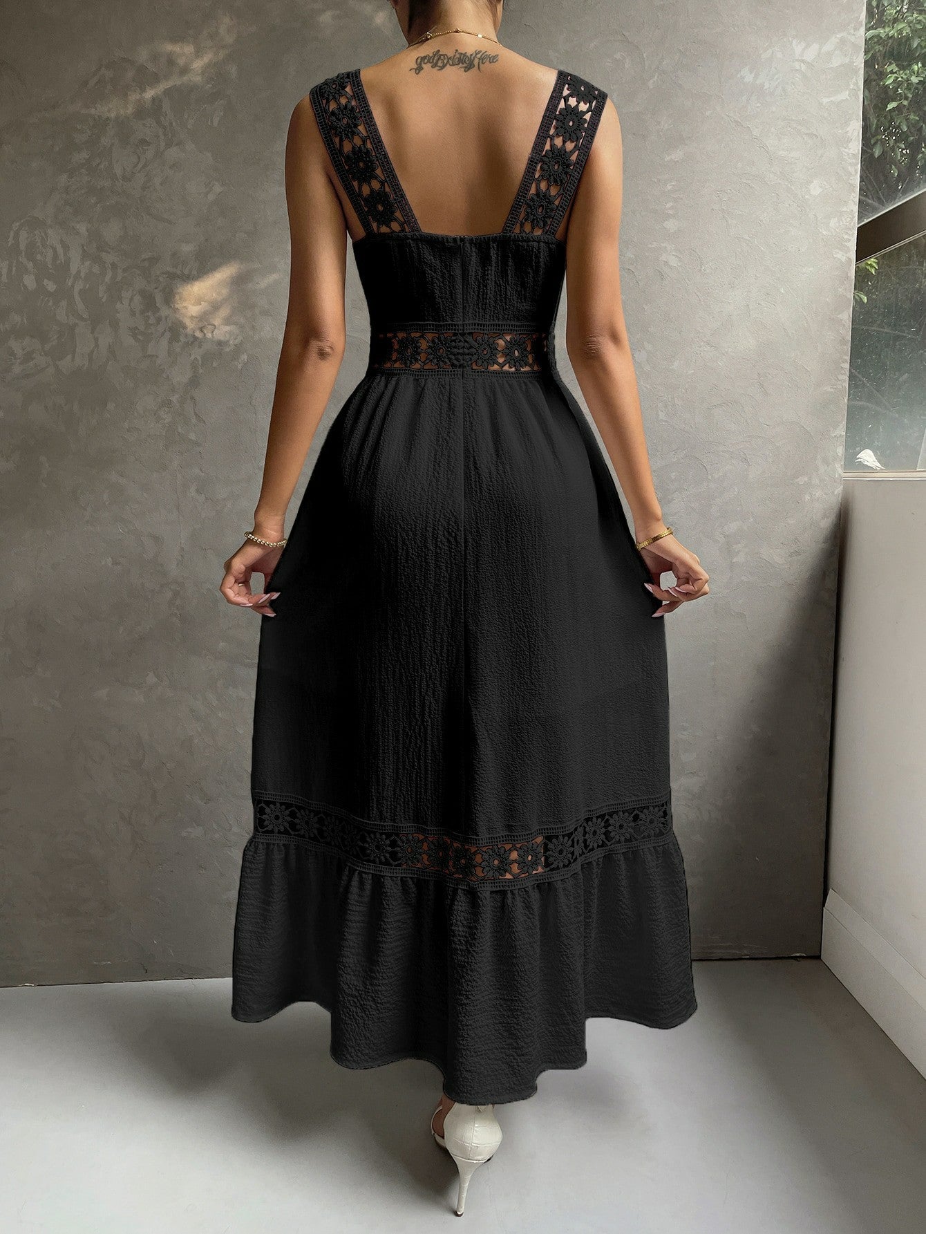 Amazon new hollow lace temperament dress sling slim fit patchwork solid color sleeveless female dress