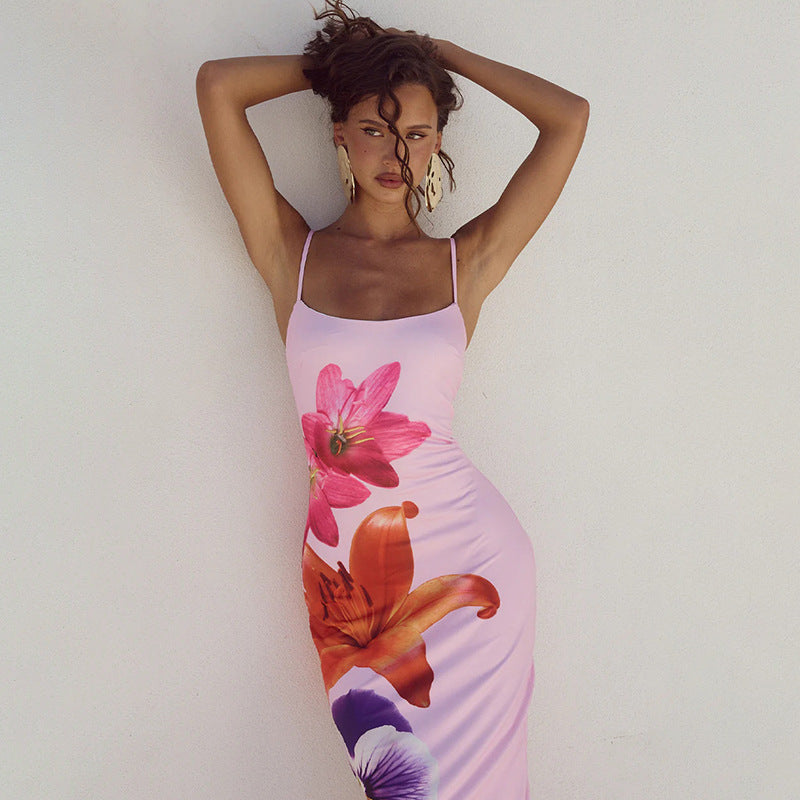 JY24198 suspender flower printed sexy dress 2024 Summer new hot girl backless slim fit long dress for women