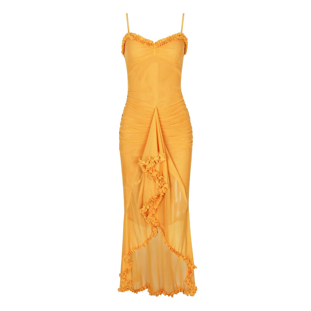 Early autumn women's wear high-grade new mesh camisole pleated irregular sleeveless dress fashion design dress