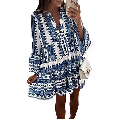 Spring Summer New Arrival European and American Print Long Sleeve V Neck Patchwork Dress