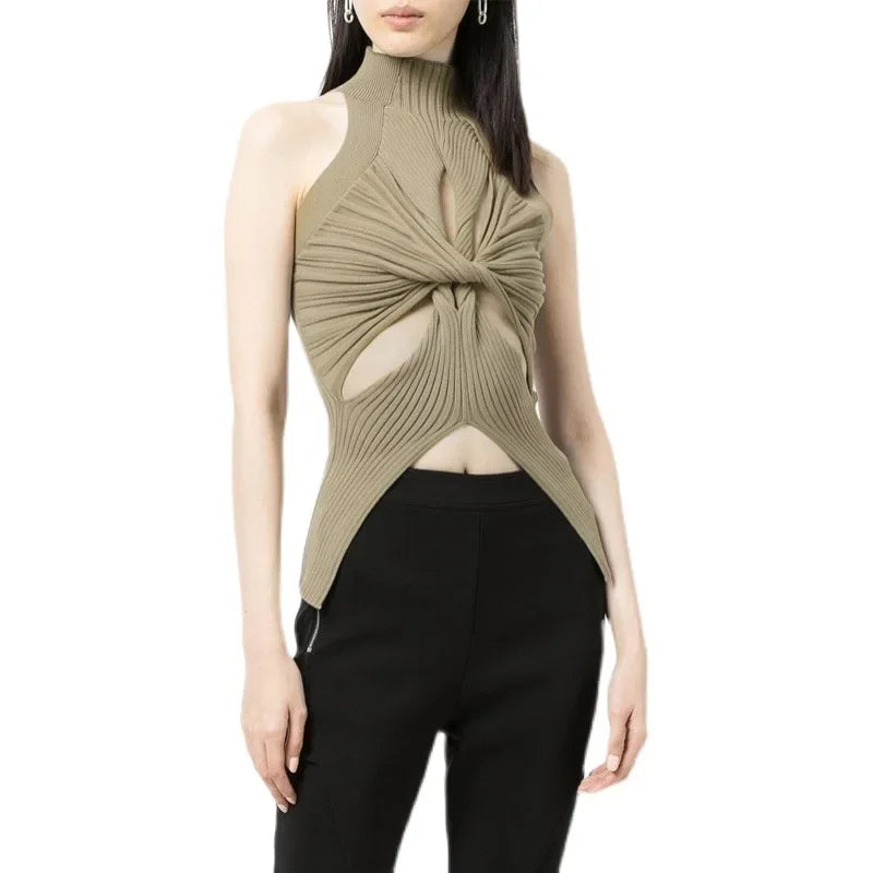 European and American 2025 spring new high neck sleeveless irregular with personality hollow design high-grade women's knitted vest
