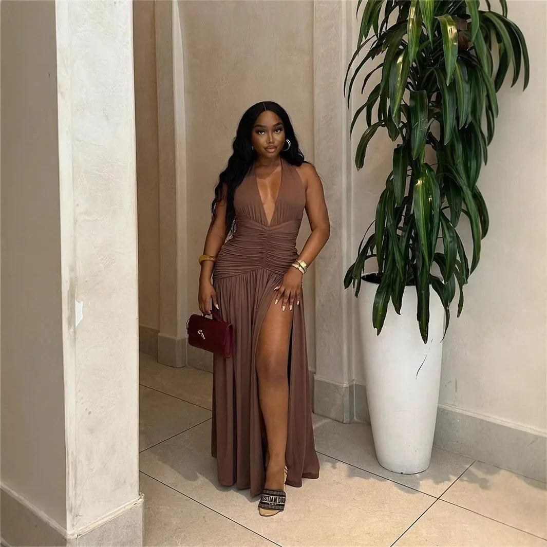 European and American new cross-border fashion pure color halter lace-up backless slim fit sexy slit pleated maxi dress women