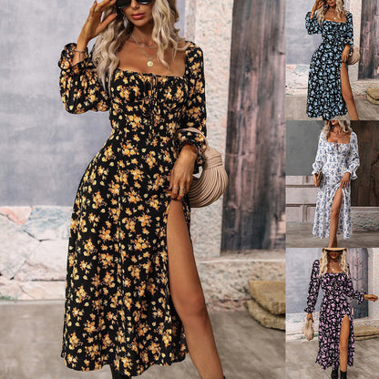 2024 cross-border autumn and winter New Amazon AliExpress European and American printed long sleeve backless bohemian dress for women