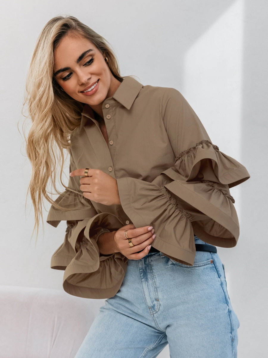 French White Ruffle Blouse Cotton Collar Shirt |tops