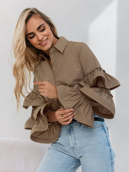 French White Ruffle Blouse Cotton Collar Shirt |tops