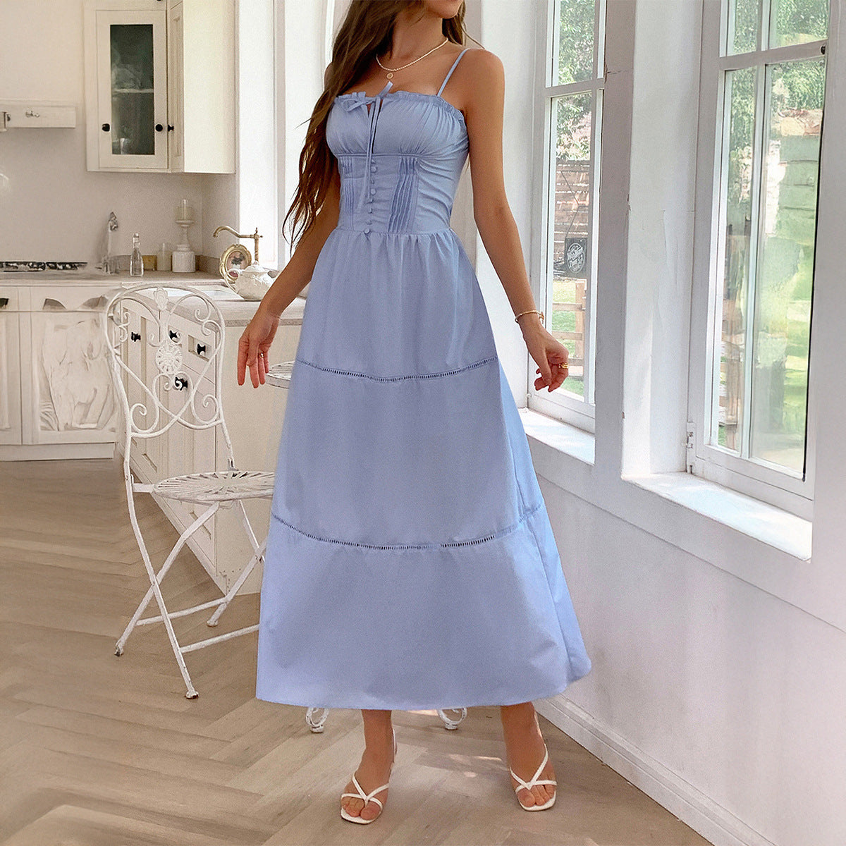 Diyun European and American leisure vacation style sling advanced maxi dress women's clothing 2025 spring and summer Amazon independent station