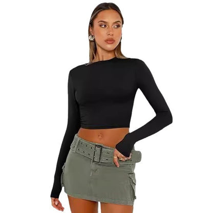 European and American style women long sleeves cropped T-shirt autumn top fashion basic slim hot girl shirt milk Silk women's clothing