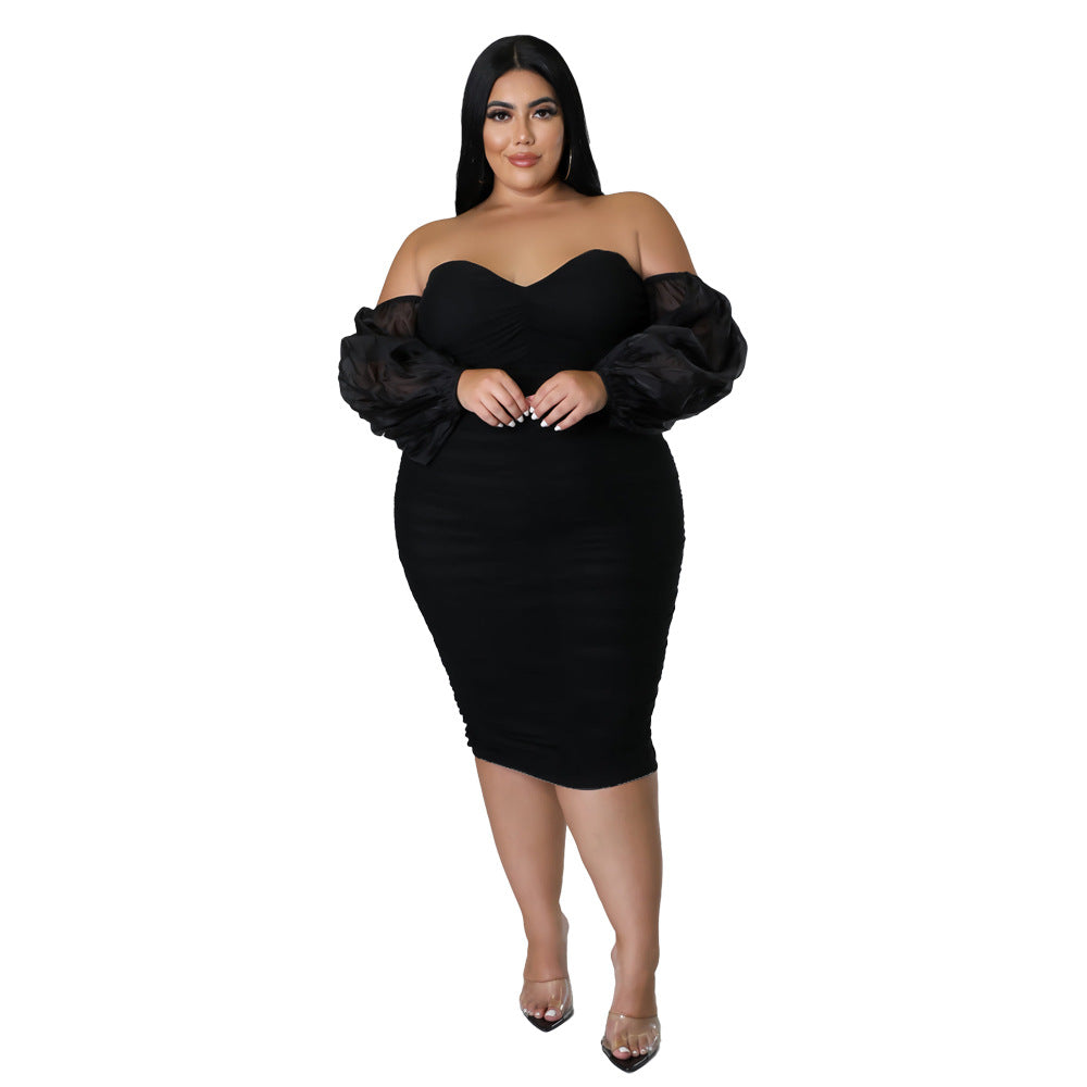 2022 European and American autumn New plus size women's clothing dress Amazon skinny mesh pleated long sleeve plus-size clothes