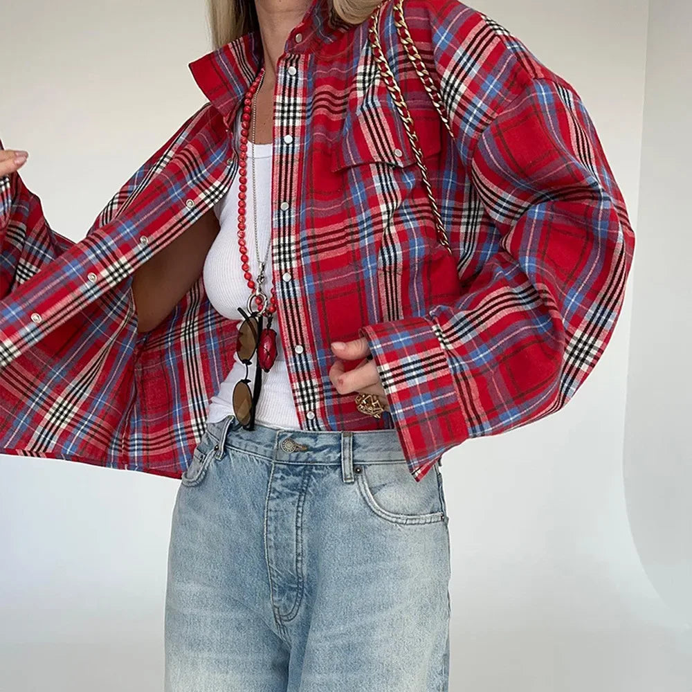 European and American 2024 autumn Amazon cross-border retro style all-matching lapel loose shirt Plaid long sleeve women's shirt