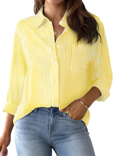 Women's button-down shirt striped classic long sleeve collar office work shirt top with pockets