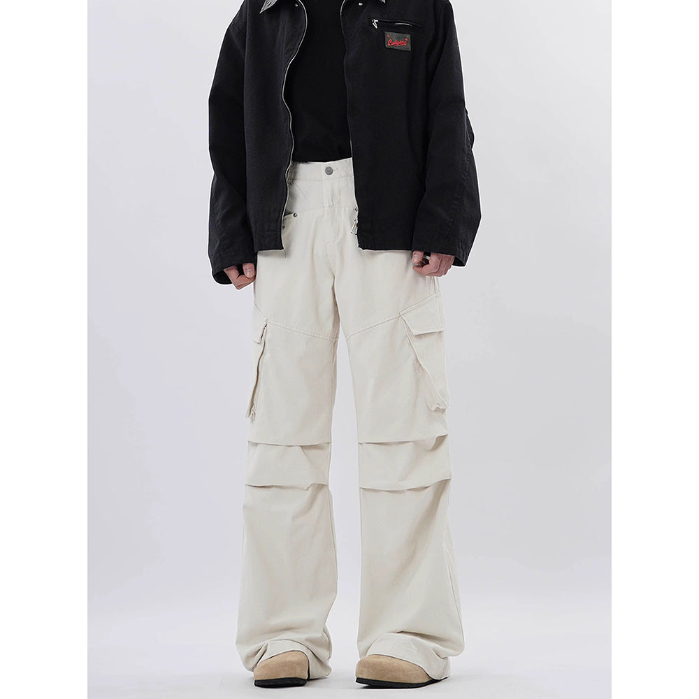 American-style high street fashion brand pleated design workwear casual pants women's loose multi-pocket straight slightly flared long pants