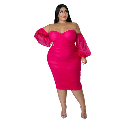 2022 European and American autumn New plus size women's clothing dress Amazon skinny mesh pleated long sleeve plus-size clothes