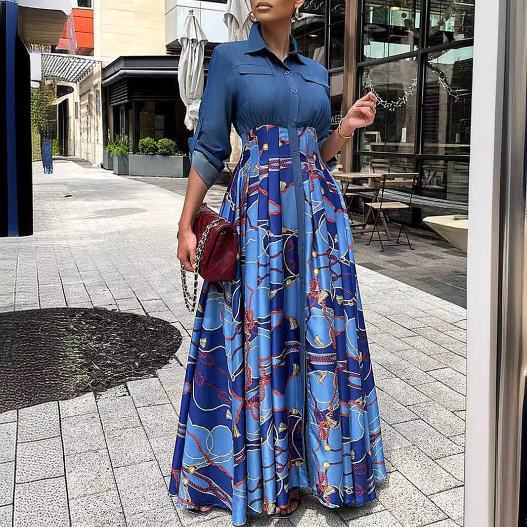 European plus size denim patchwork print dress