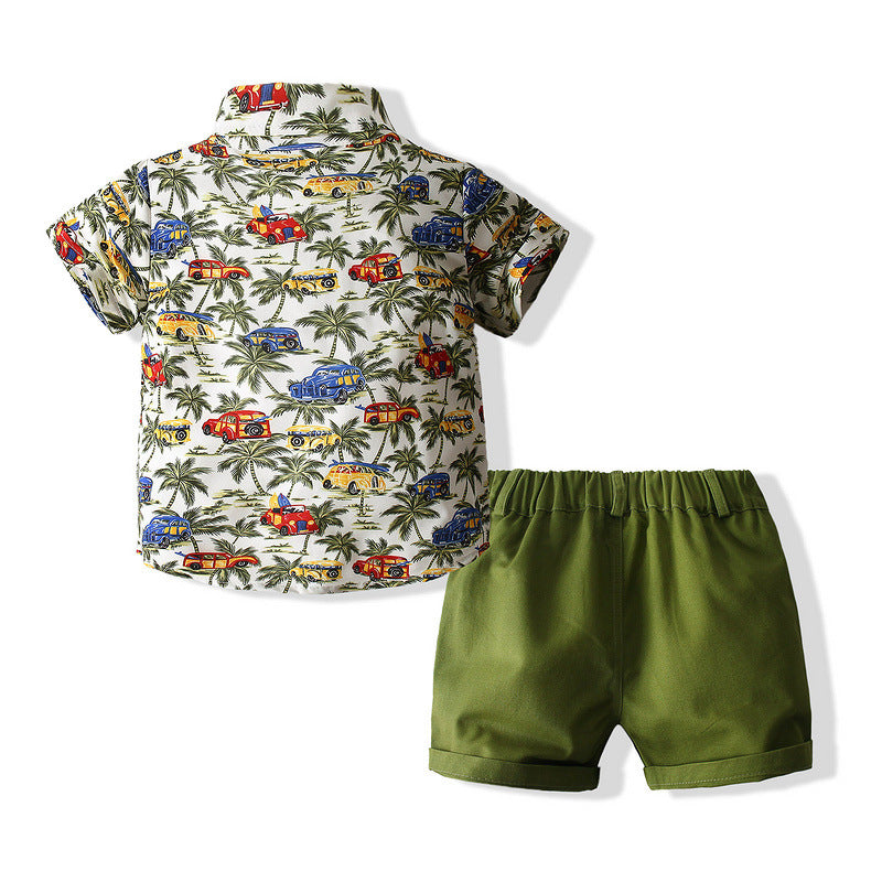 Boys Suit Beach Style Shirt Summer Style Army Green Coconut Tree Shirt Shorts European And American Style Children's Cotton Summer Clothes