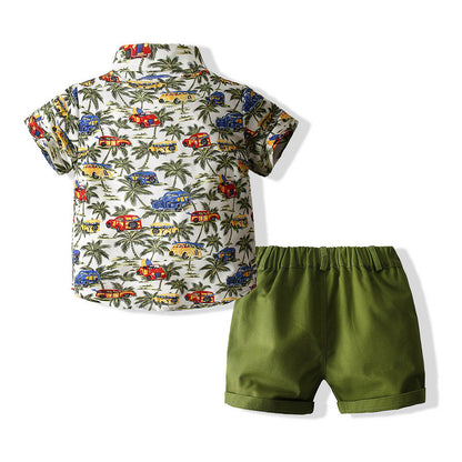Boys Suit Beach Style Shirt Summer Style Army Green Coconut Tree Shirt Shorts European And American Style Children's Cotton Summer Clothes