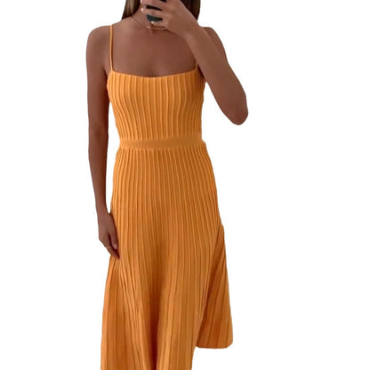 2023 Women's new pure color tube-top high waist spaghetti straps sleeveless knitted dress seaside vacation pleated maxi skirt for women