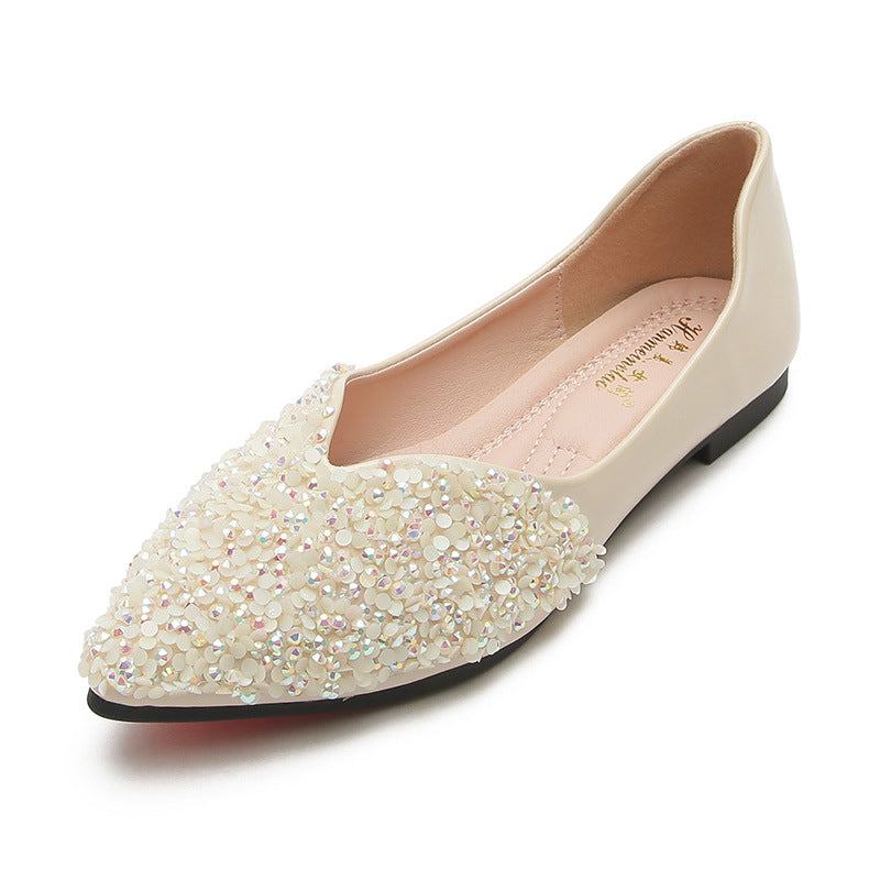 Apricot nude shoes women's spring and autumn 2025 pointed toe flat pumps plus size 41-43 women's shoes with diamonds black work shoes soft