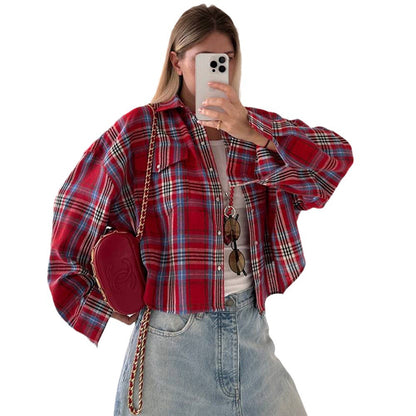 European and American 2024 autumn Amazon cross-border retro style all-matching lapel loose shirt Plaid long sleeve women's shirt