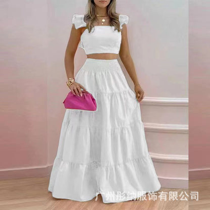2024 Summer European and American Amazon cross-border new arrival temperament sexy backless solid color two-piece sling maxi dress