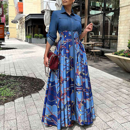 European plus size denim patchwork print dress