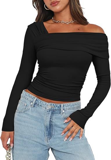 Amazon hot selling product 2025 spring and autumn Women's One shoulder long-sleeved shirt pleated going out tops slim y2g shirt