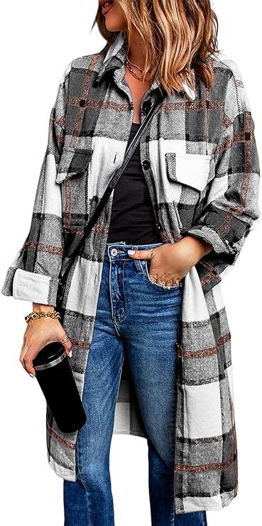 Women's 2024 mid-length plaid jacket long sleeve button shirt fashion Winter brushed woolen dress and coat