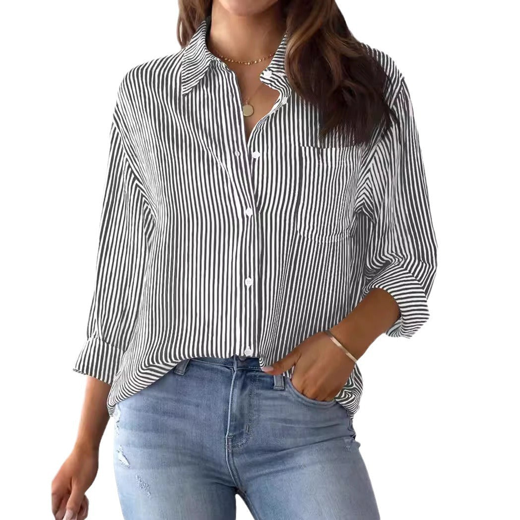 Women's button-down shirt striped classic long sleeve collar office work shirt top with pockets