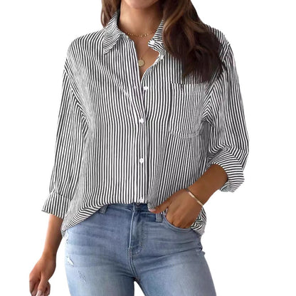 Women's button-down shirt striped classic long sleeve collar office work shirt top with pockets