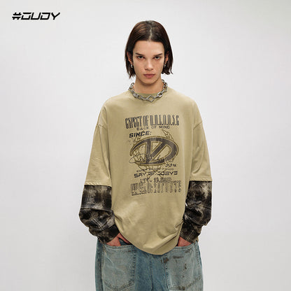 # OVDY autumn and winter new fake two men camouflage stitching Maillard style loose round neck pure cotton tops