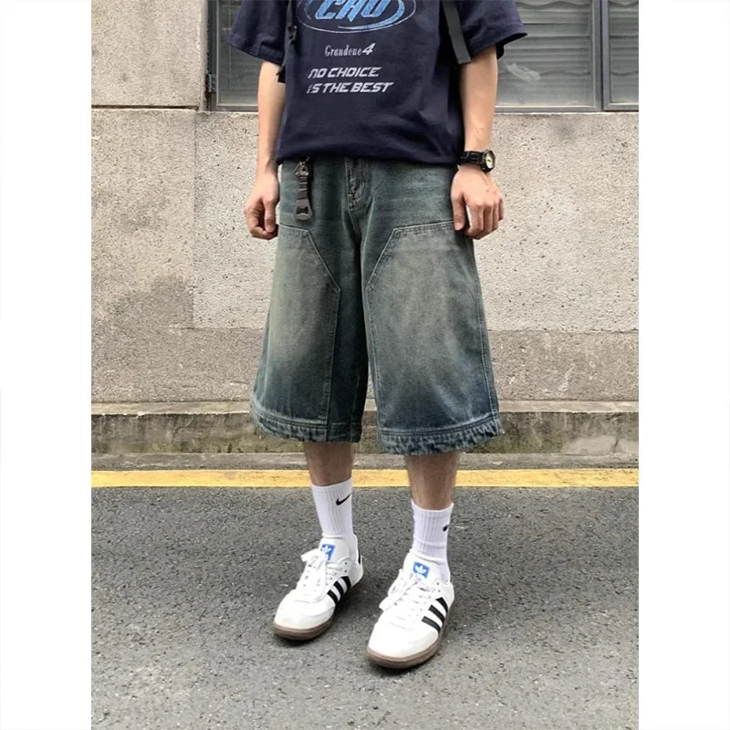 American retro Street washed Denim shorts men and women loose casual straight-leg wide leg fashion brand all-matching capri pants
