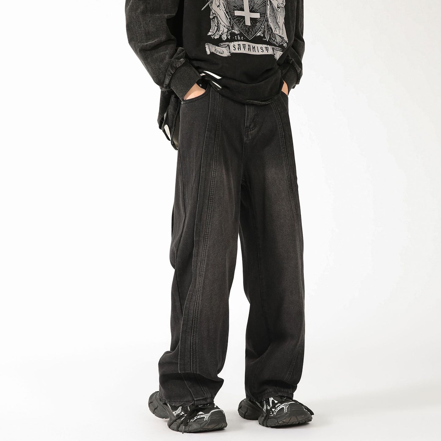 LKTM men's# American-style high-grade stitching jeans men's loose high street wide leg smooth straight-leg trousers