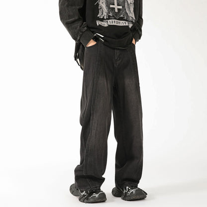 LKTM men's# American-style high-grade stitching jeans men's loose high street wide leg smooth straight-leg trousers