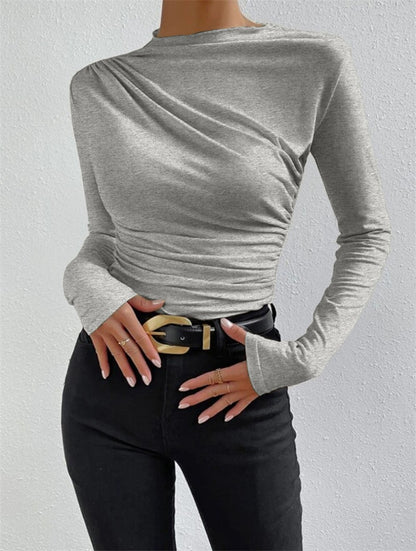 Cross-border 2025 European and American solid color slim bottoming shirt versatile pleated design long sleeve T-shirt women's top