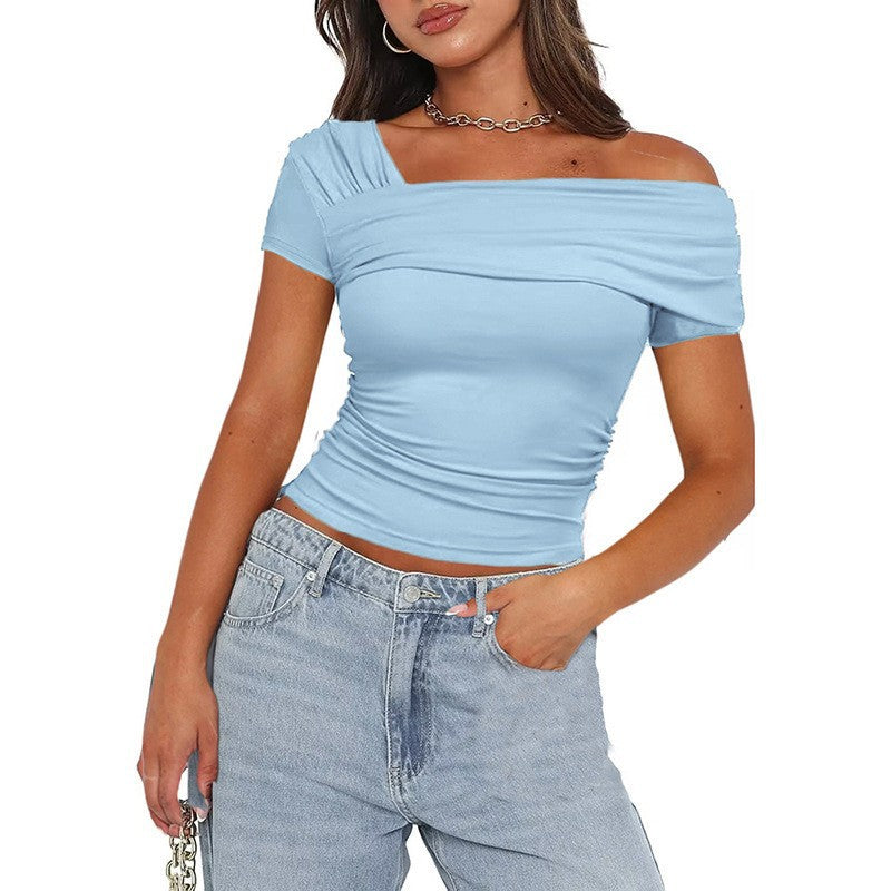 Amazon cross-border foreign trade Women's One shoulder short sleeve shirt pleated T-shirt y2g solid color slim shirt