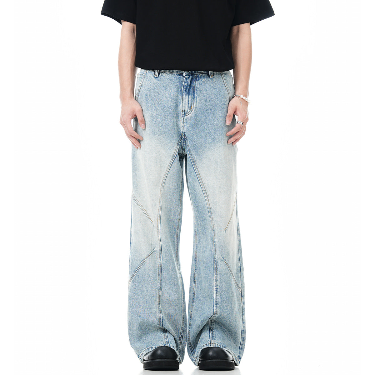 11KN American Straight Leg Bootcut Jeans Deconstructed Design Slim Faded Light Wash