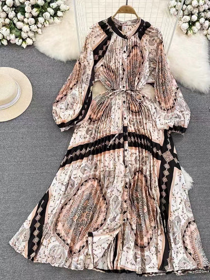 Luxe lange lantaarmouwen knopen ceintuur bedrukte maxi-jurk