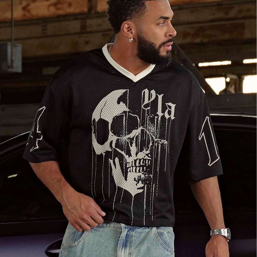 YOUNGLA American fashion brand oversized T-shirt men's exercise workout quick-drying breathable large mesh printed short-sleeved top