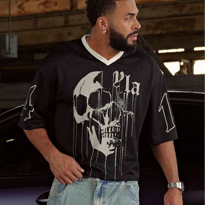 YOUNGLA American fashion brand oversized T-shirt men's exercise workout quick-drying breathable large mesh printed short-sleeved top