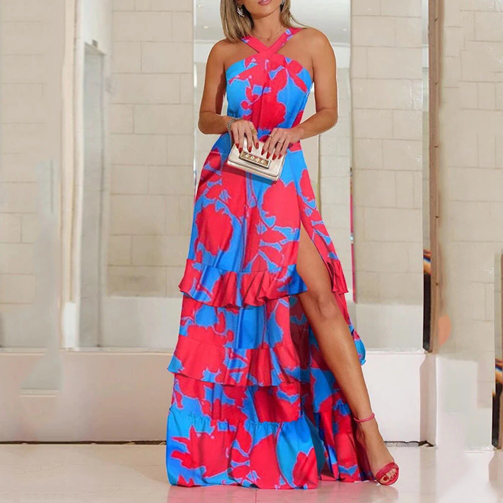2025 European and American summer new sling dress bohemian dress Amazon printed V-neck sleeveless dress