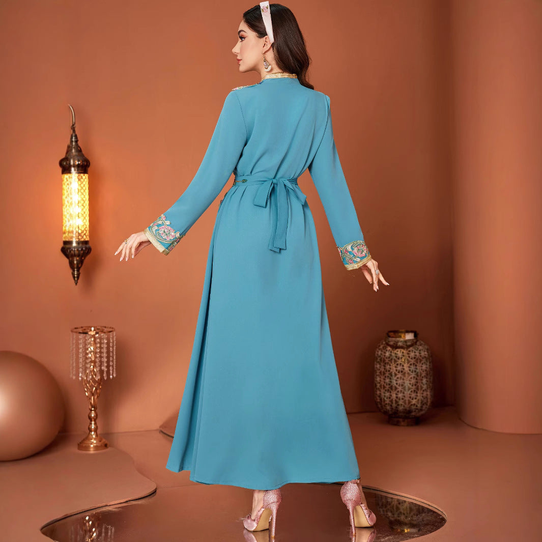 Kanten borduurwek V-hals jurk met riem