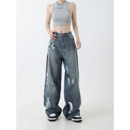 American retro splash-ink design ripped straight jeans women's summer loose High Street casual all-matching long pants