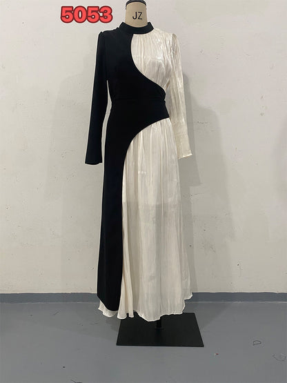 Amazon 2024 Europe and America cross border irregular color contrast patchwork dress high waist pleated slingback long dress for women