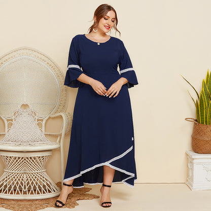 Plus size maxi-jurk met kanten patchwork ronde hals en 3/4 mouwen